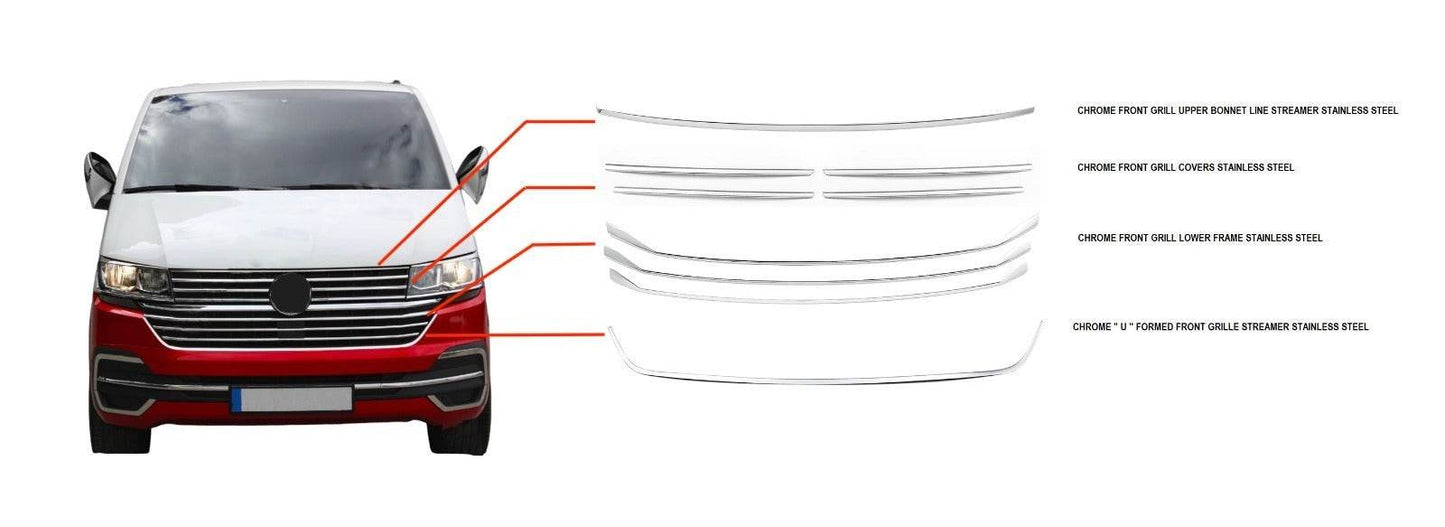 VW T6.1  2020up chrome front grill upper bonnet line&grill covers&grill lower frame& ''U'' formed grill streamer full set.